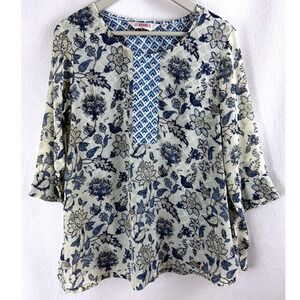 Biba Womens Blue Cream Floral Block Print Tunic Top V-Neck 3/4 Sleeve Sz 34